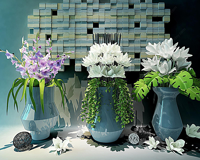 现代艺术花瓶创意墙饰组合3D模型