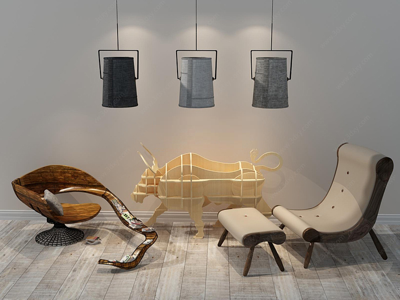 创意躺椅吊灯纸皮动物玩具组合3D模型