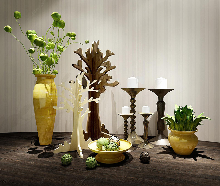 现代花瓶烛台陈设品组合3D模型