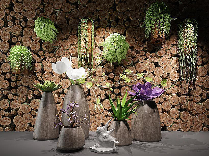 现代木头装饰墙绿植盆栽组合3D模型