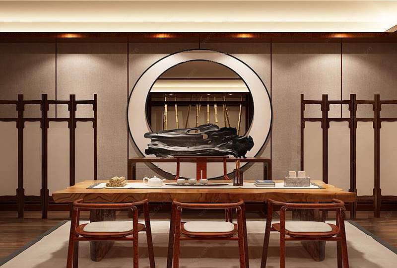 新中式茶室桌椅陈设品组合3D模型