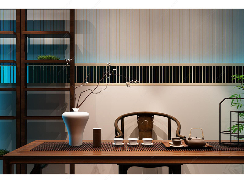 新中式茶室茶具摆件组合3D模型