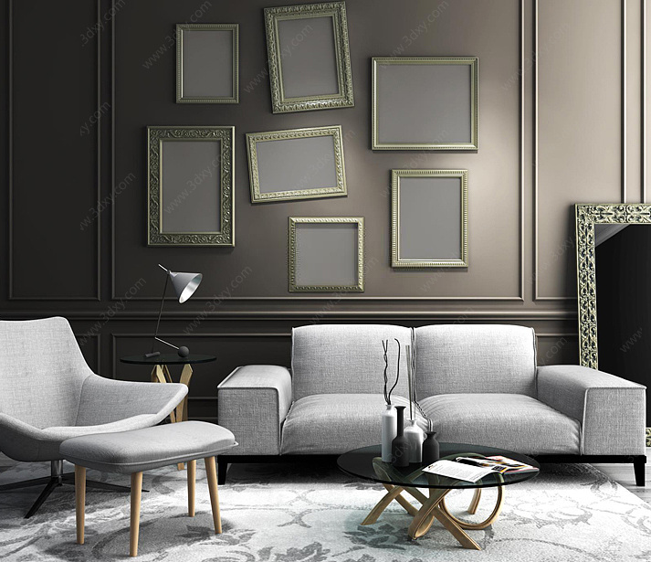 现代沙发茶几雕花镜框墙饰组合3D模型