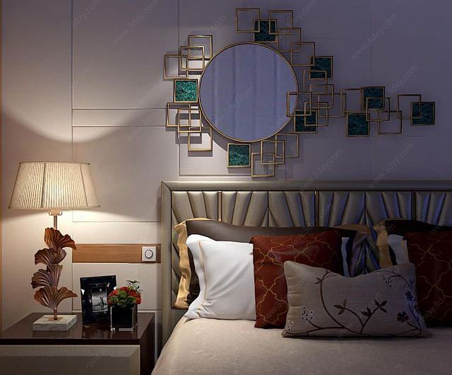 中式床具创意台灯墙饰组合3D模型