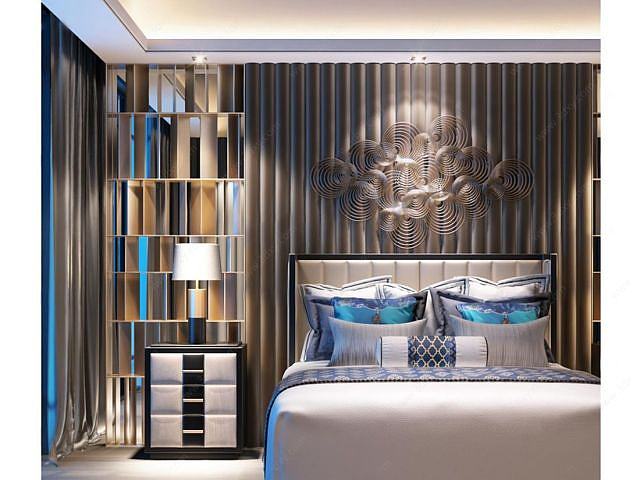 新中式床头柜墙饰组合3D模型