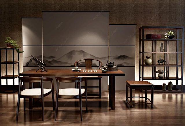 新中式茶室桌椅组合3D模型