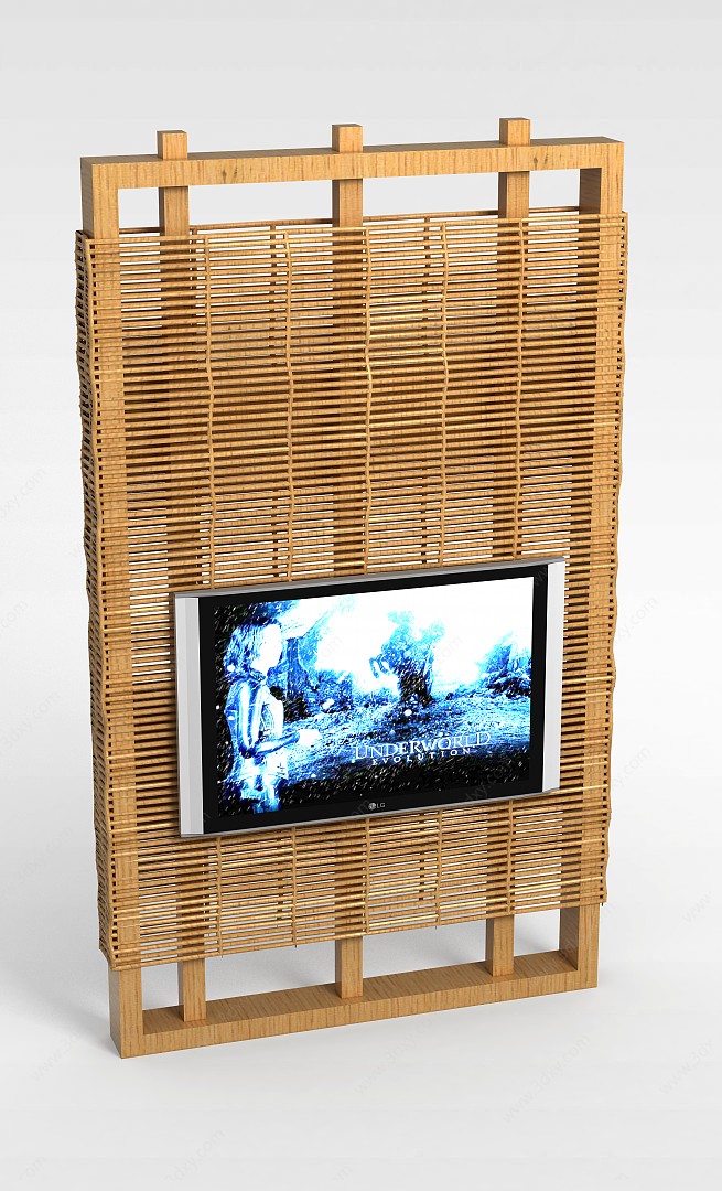 原木电视背景墙3D模型