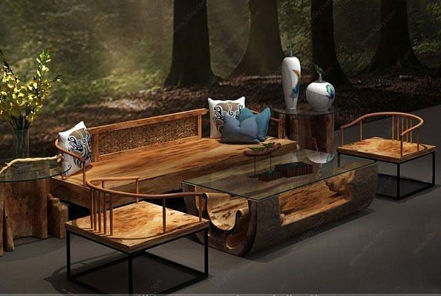 中式简约朽木沙发椅子组合3D模型