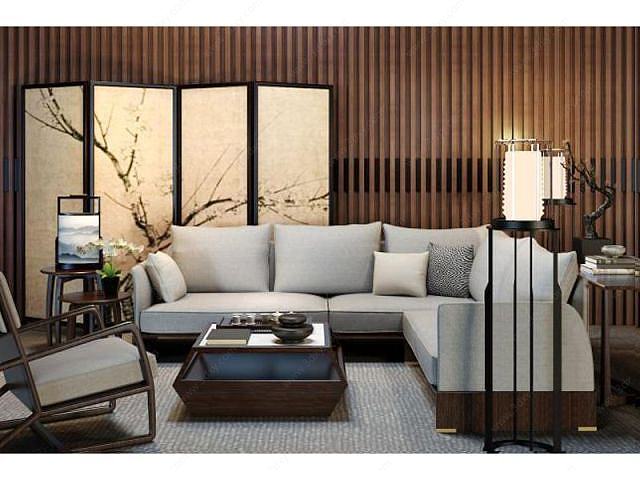 现代中式客厅沙发椅子组合3D模型