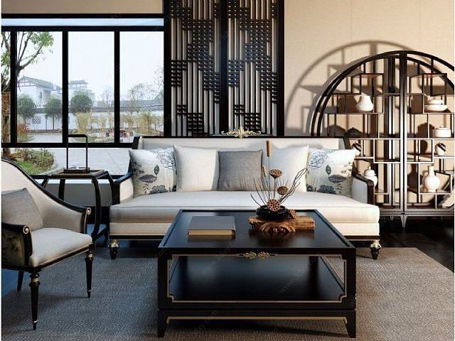 新中式客厅沙发椅子博古架组合3D模型