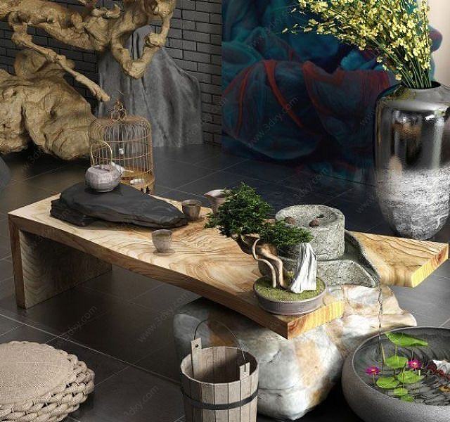 原木实木创意茶艺空间3D模型