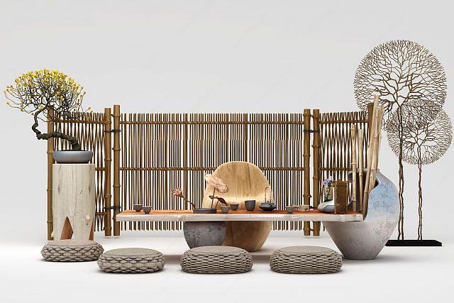 新中式田园茶桌坐垫组合3D模型