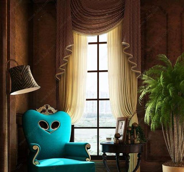 欧式豪华单人沙发窗帘组合3D模型