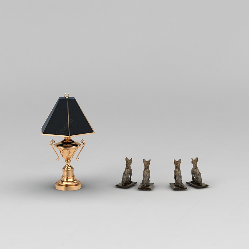 欧式台灯和猫摆件3D模型