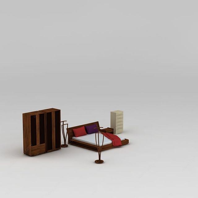 卧室实木矮床衣柜组合3D模型