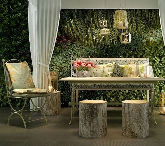欧式庭院桌椅植物装饰墙3D模型
