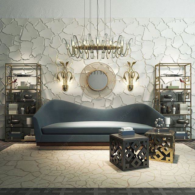 现代沙发茶几裂纹背景墙组合3D模型