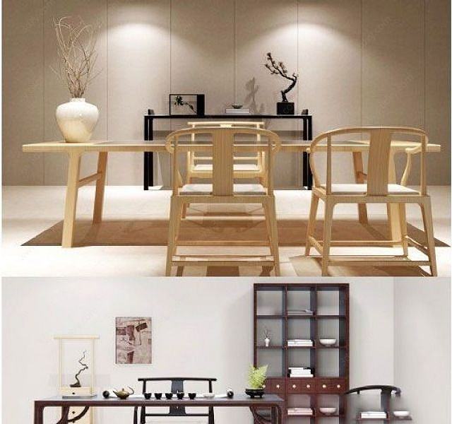 新中式原木桌椅组合3D模型