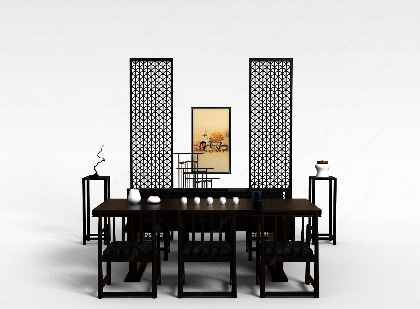 中式餐桌椅餐边几组合3D模型