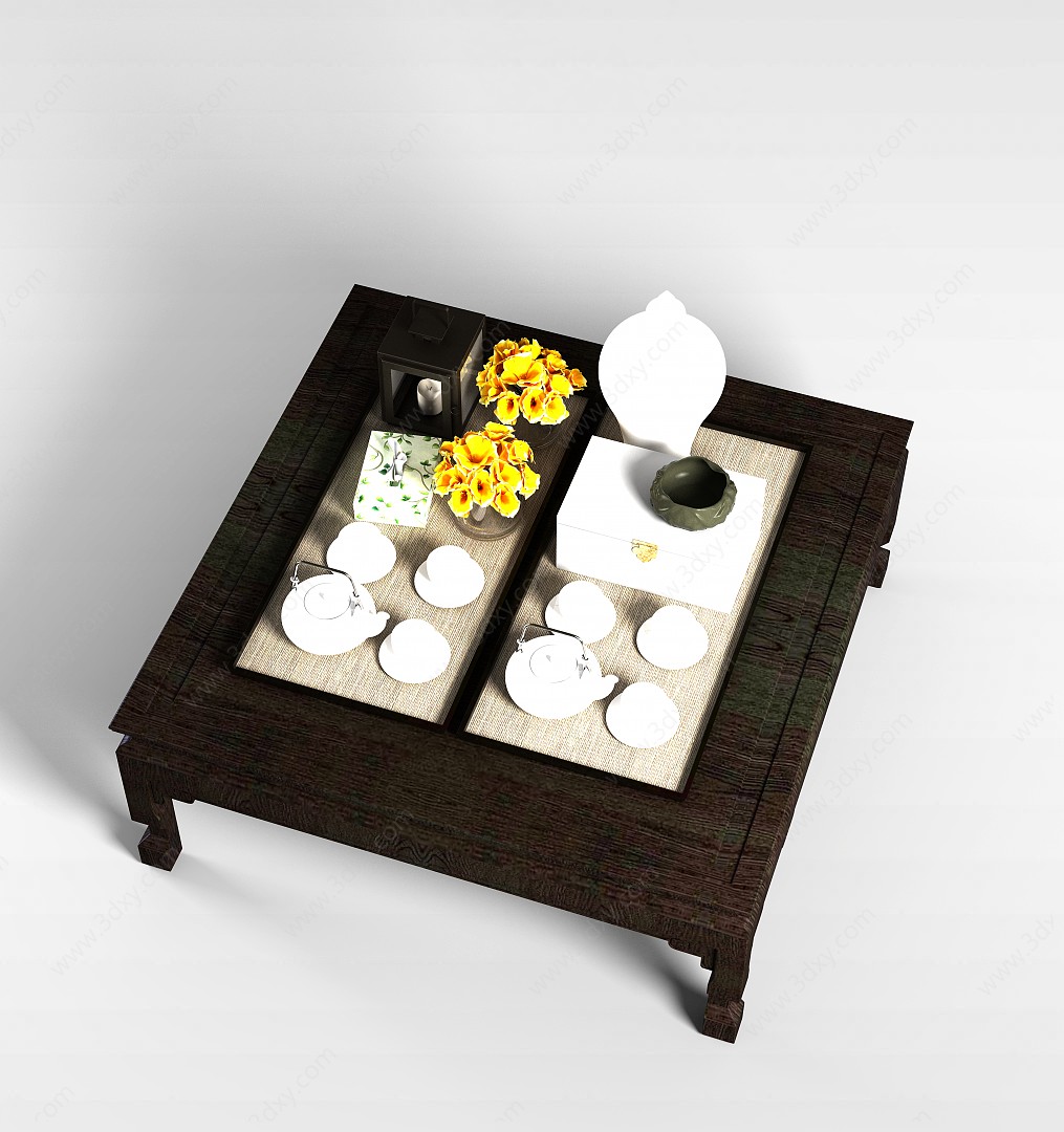中式实木茶几茶具组合3D模型