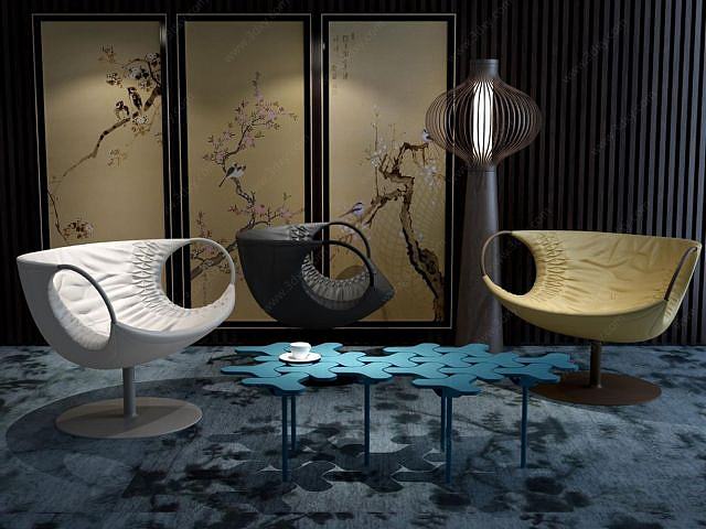 休闲沙发椅个性茶几组合3D模型