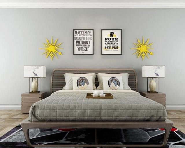 现代简约卧室床墙饰品组合3D模型