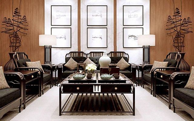 中式客厅沙发茶几组合3D模型