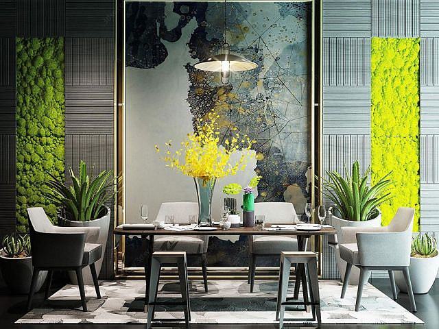 现代餐桌椅植物墙组合3D模型