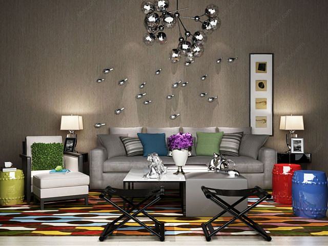 现代沙发葡萄吊灯组合3D模型