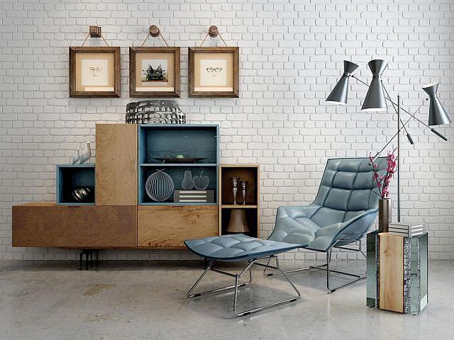 现代沙发躺椅书柜组合3D模型