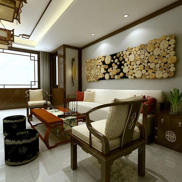中式沙发茶几墙饰品组合3D模型