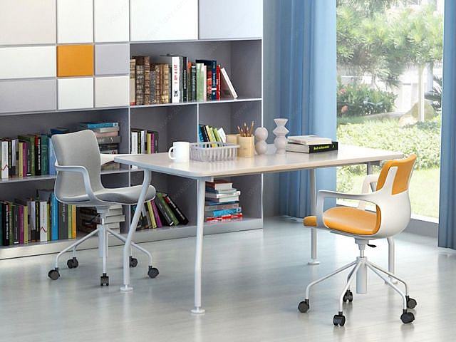 现代办公桌椅书柜组合3D模型