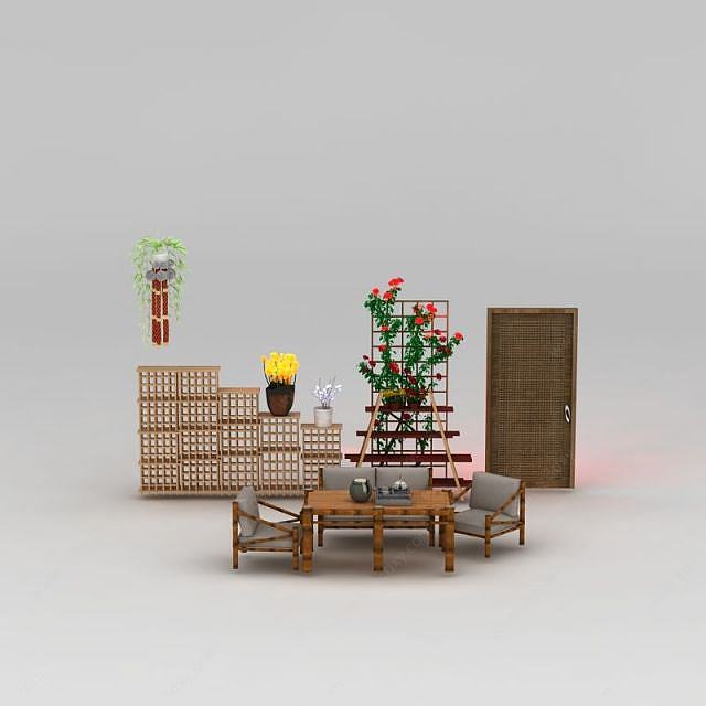 田园竹桌椅盆栽花架组合3D模型