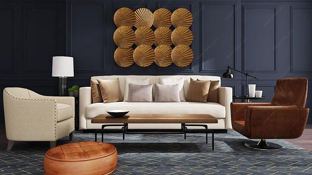 美式沙发茶几扇子墙饰品组合3D模型