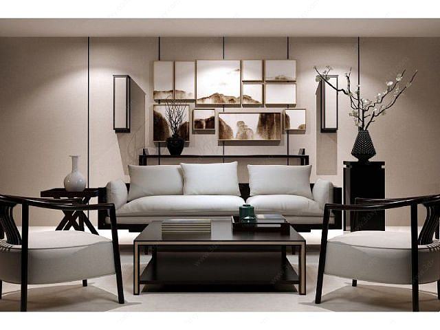 低奢中式客厅沙发椅子组合3D模型
