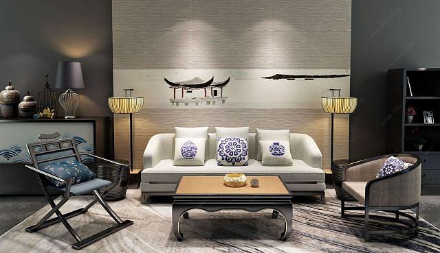 新中式禅意沙发壁画组合3D模型