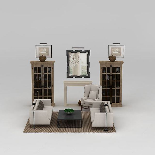美式镜子沙发装饰柜组合3D模型