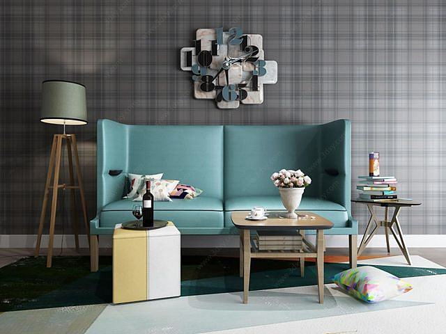现代沙发茶几创意挂钟组合3D模型