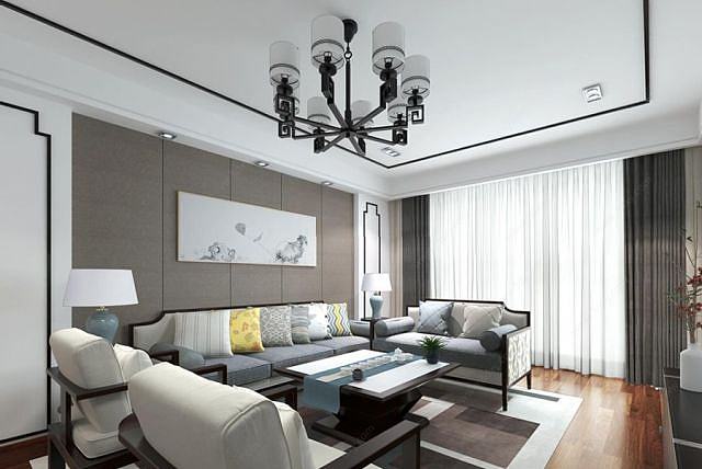 中式客厅吊灯沙发组合3D模型