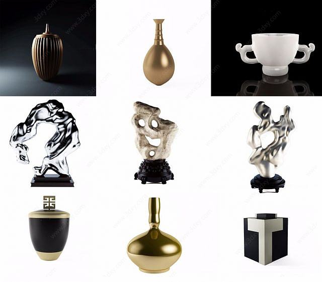 新中式禅意雕塑摆件器皿3D模型