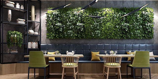 现代餐厅桌椅植物墙3D模型