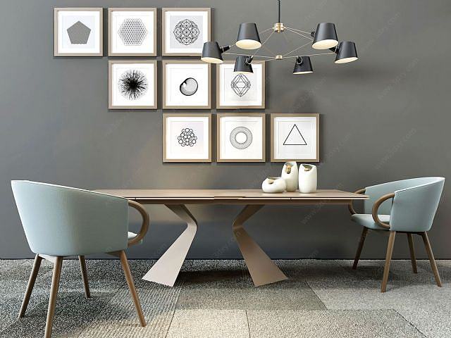 北欧创意餐桌椅照片墙组合3D模型