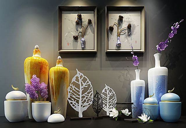 现代艺术花瓶莲蓬立体画3D模型