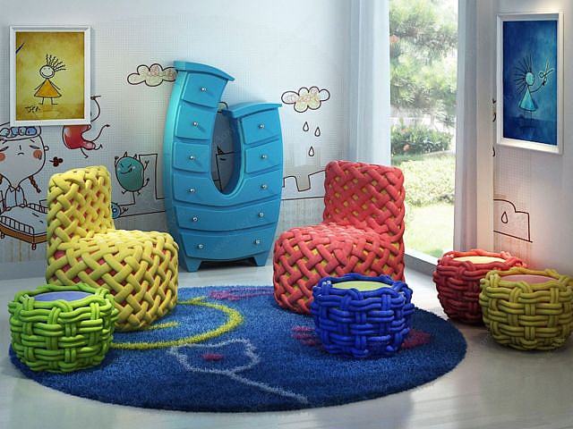 创意儿童编织椅子儿童柜组合3D模型