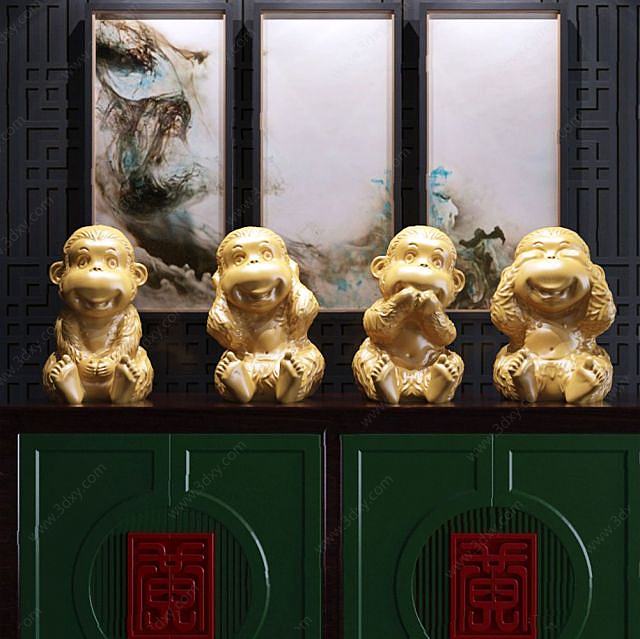 中式四不猴雕塑3D模型