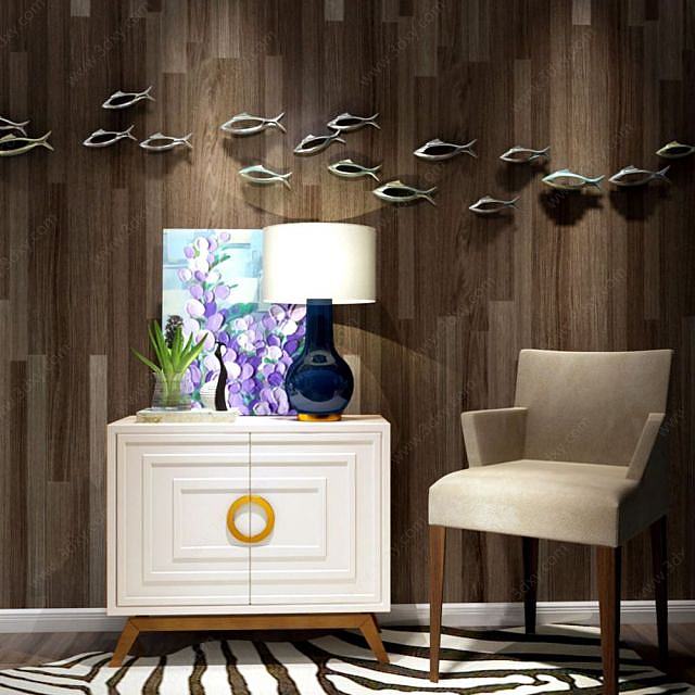 现代边柜椅子鱼墙饰品组合3D模型