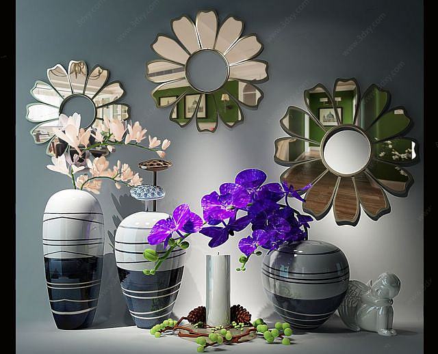 新中式花艺装饰品壁饰组合3D模型