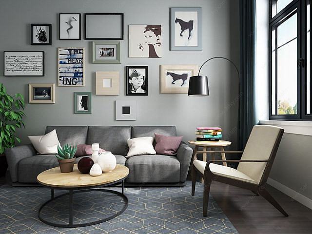 现代客厅沙发照片墙组合3D模型