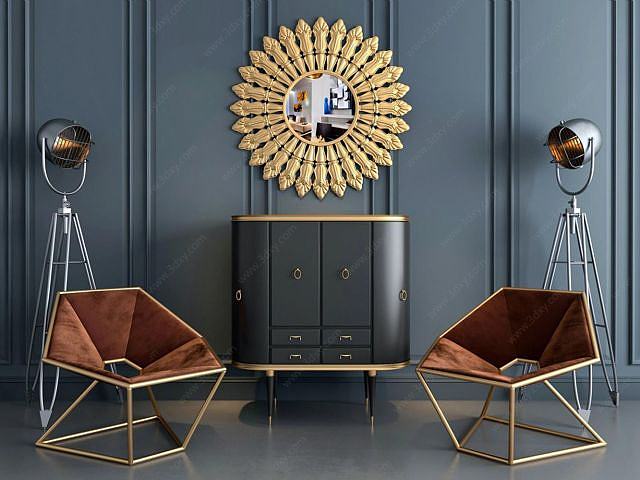 现代柜子椅子墙饰品组合3D模型