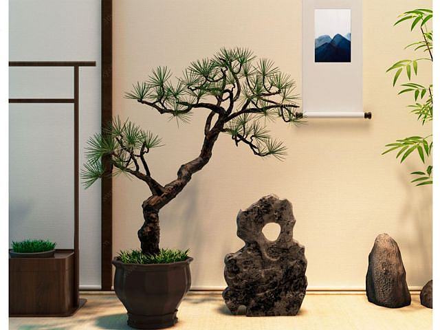 新中式松树盆景假山石摆件3D模型